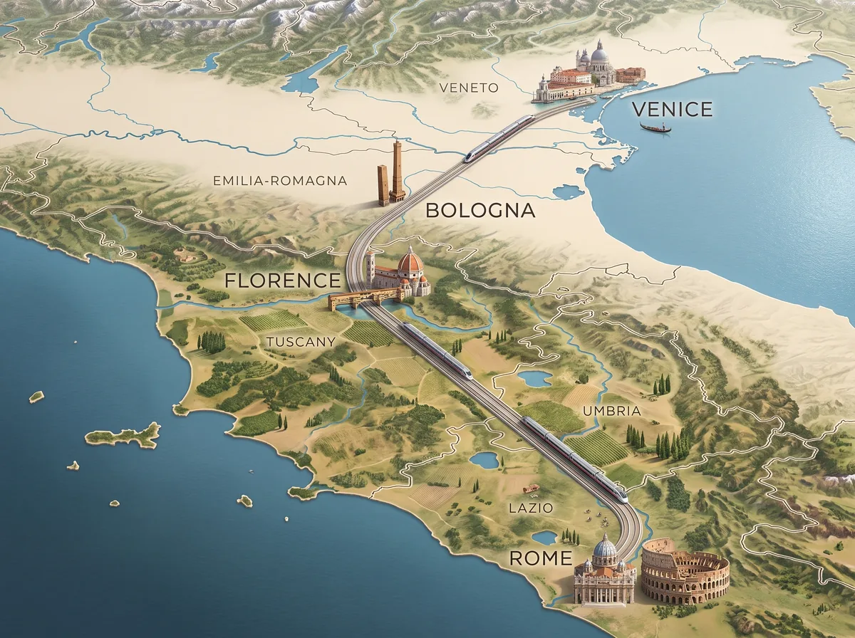 Illustrated map of the Rome to Venice high-speed rail route running through Florence and Bologna, with landmarks marking Rome, Florence, Bologna and Venice